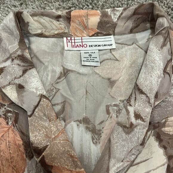EUC Milano Blouse Top 100% Silk Long Sleeve Fall Leaves Muted Neutrals M Neutral - Picture 6 of 16